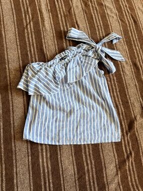 SHEIN Blue and White Striped One-Shoulder Ruffle Top